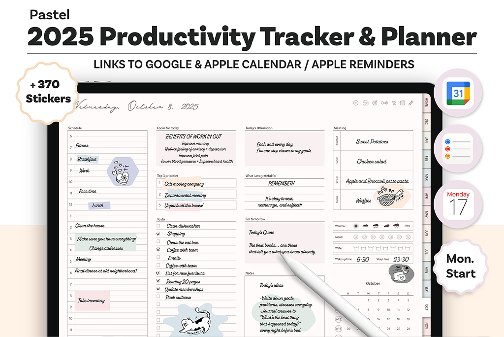 2025 Produktivitäts-Tracker & Planer (Pastell, Kalenderintegration)