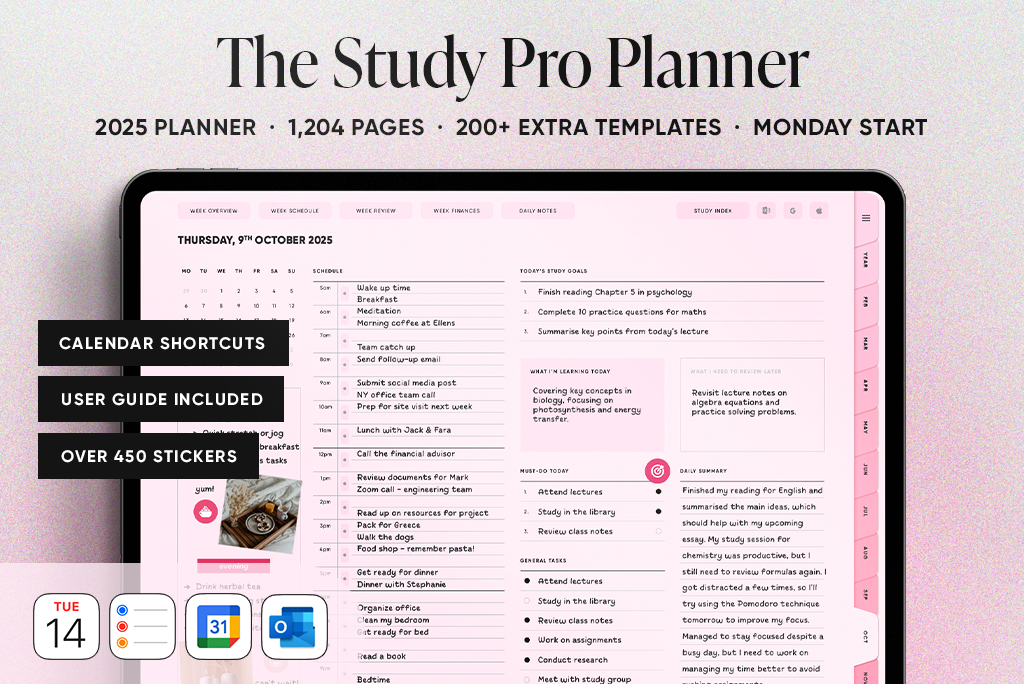 Le Planificateur Study Pro en Rose (Début Lun., Paysage)