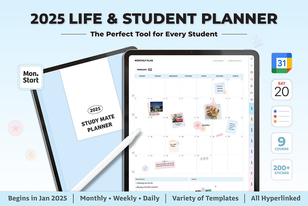 Planificador de Vida y Estudiante 2025 (Inicio de Mes, Integración de Calendario)