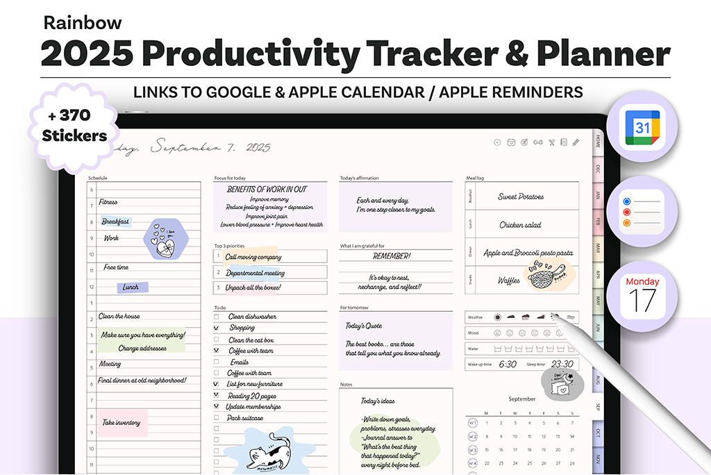 2025 Productivity Tracker & Planner (Rainbow, Calendar Integration)