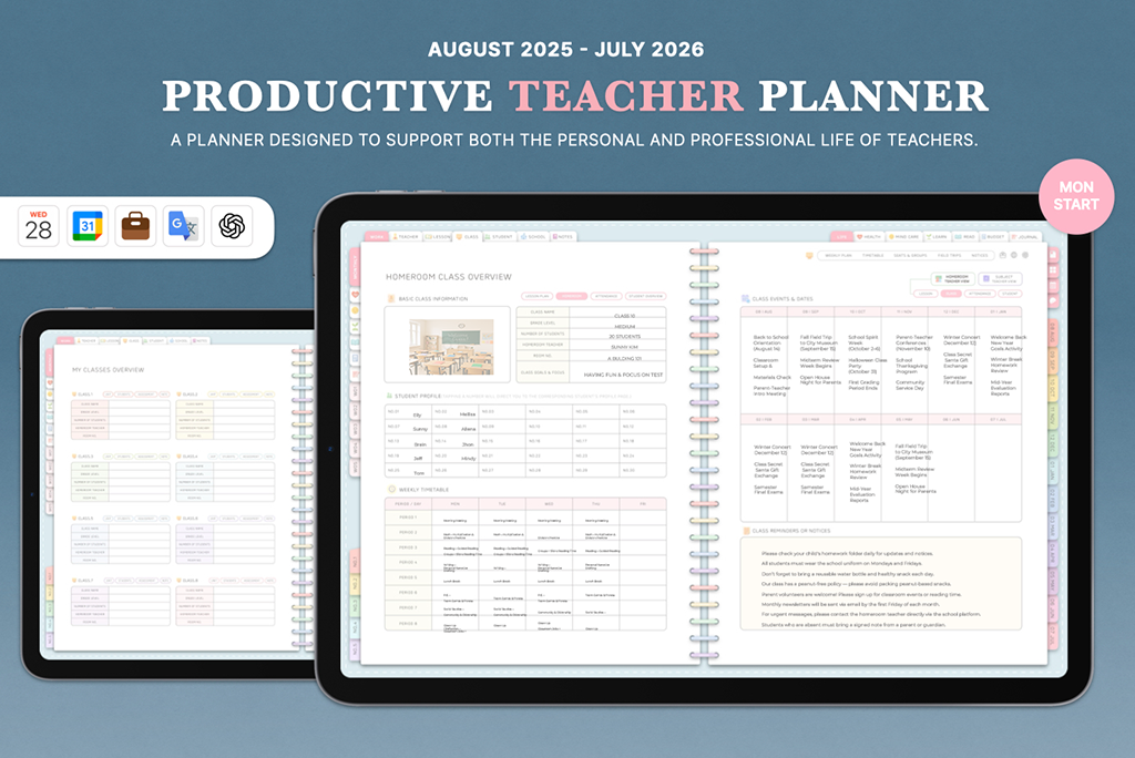 2025-2026 Productive Teacher Planner (ChatGPT Integration, Sky Blue, Mon.Start)