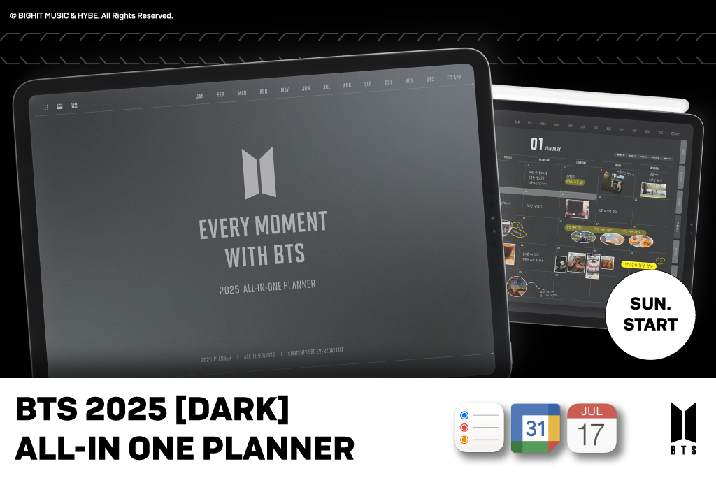 BTS 2025 planner daté tout-en-un (noir, synchronisé au calendrier) 