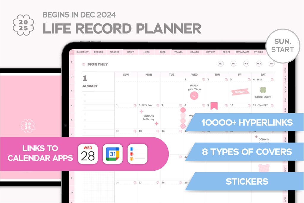 2025 Pink Life Record Planner (Sun. Start, Calendar Integration)