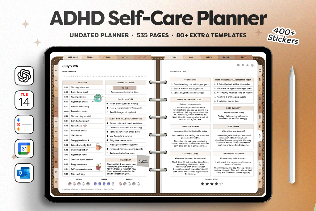ADHD Self-Care Planner (Landscape, Mocha)