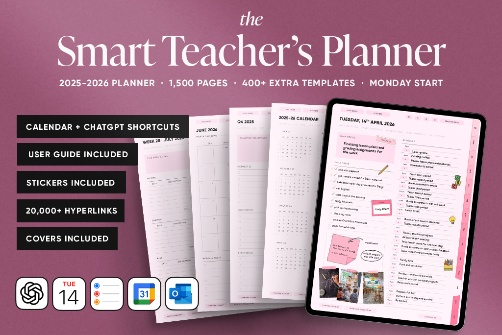 The Smart Teacher's Planner in Pink 2025-2026 (Mon. Start)