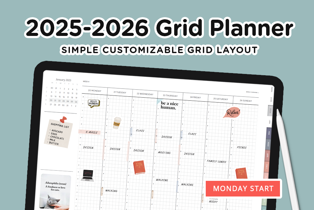 2025-2026 Raster Digitale Planner (Maandag)