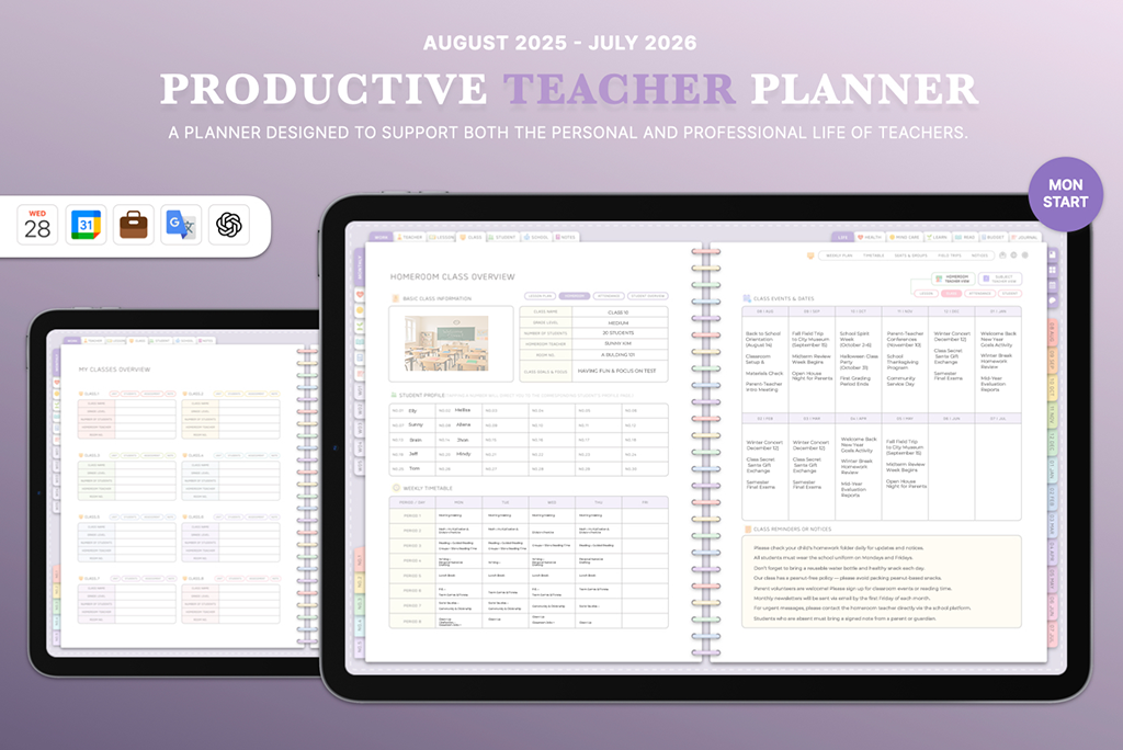 2025-2026 Productive Teacher Planner (ChatGPT Integration, Lavender, Mon.Start)