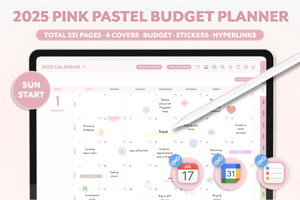 Planificateur de Budget Rose Pastel 2025 (Sun.Start, Intégration de Calendrier)