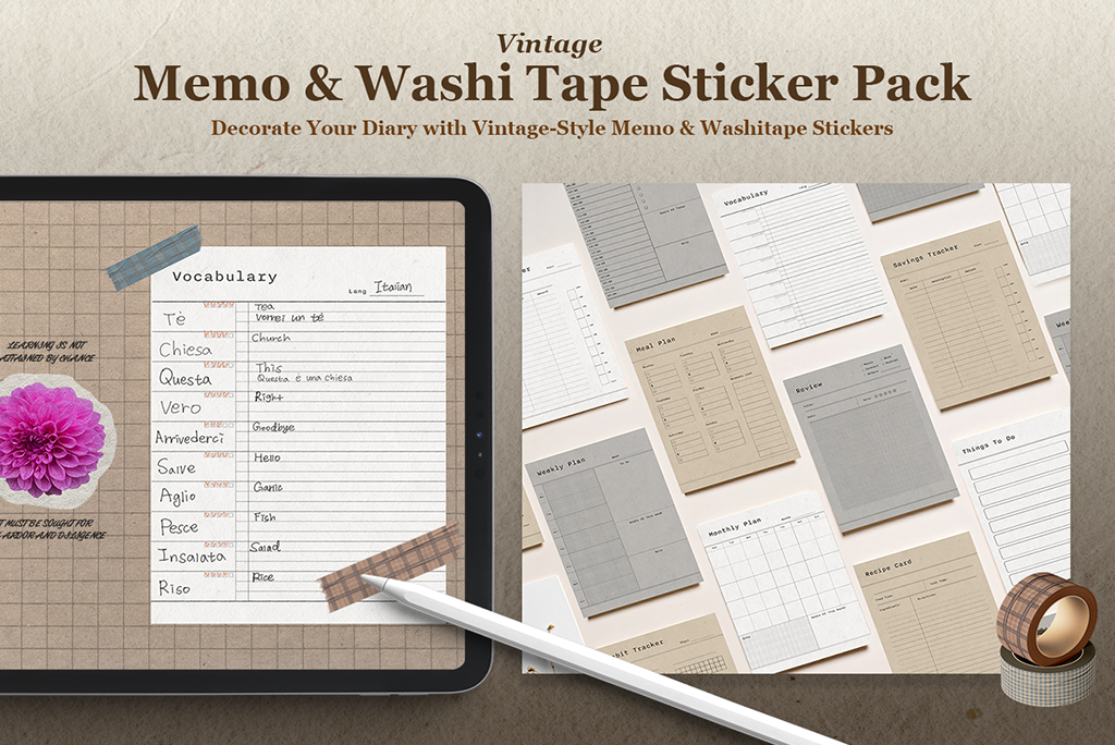 Vintage Memo & Washi Tape Sticker Pack